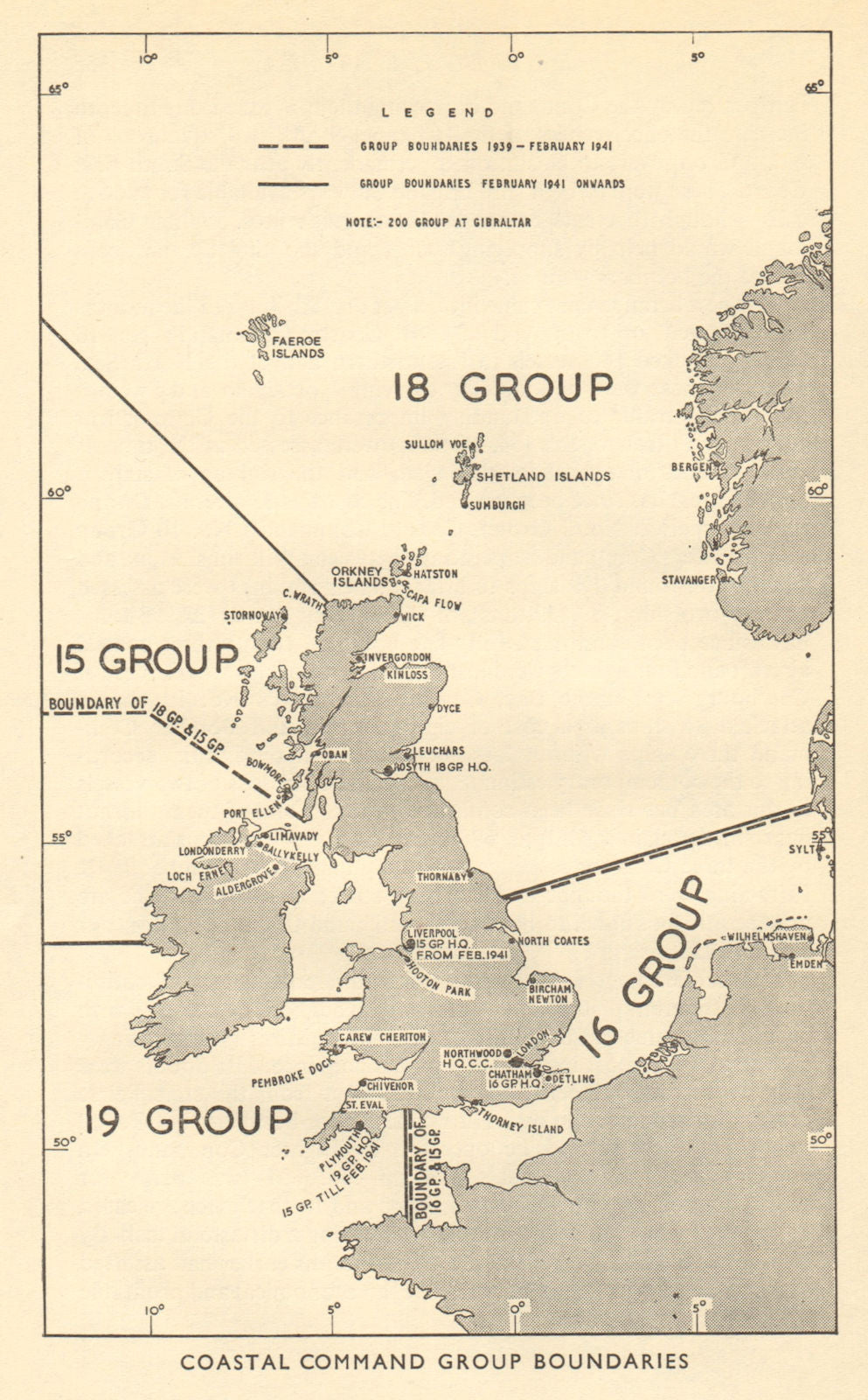 British Isles RAF Coastal Command group boundaries. World War 2 1953 old map